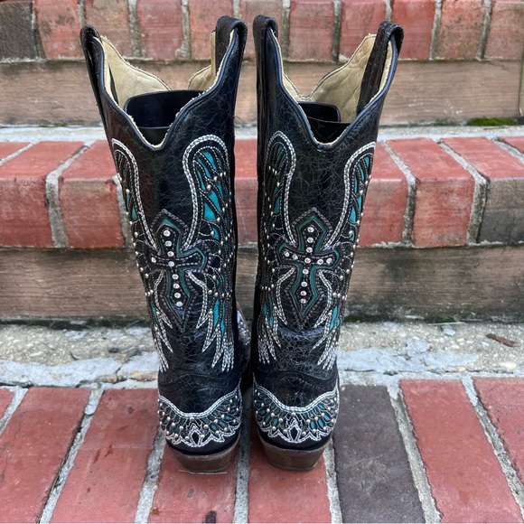 Corral Vintage Leather Black & Teal Bedazzled Angel Wing and Cross Cowboy Boots - Picture 4 of 10